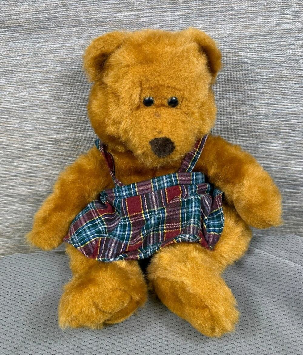 Vintage Boyds Bear Wearing Plaid Dress Golden Brown 24" Plush Toy